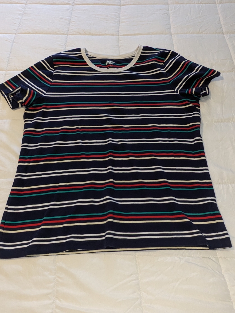 Striped Navy Lands' End Crewneck Tee with Red & Green Accents